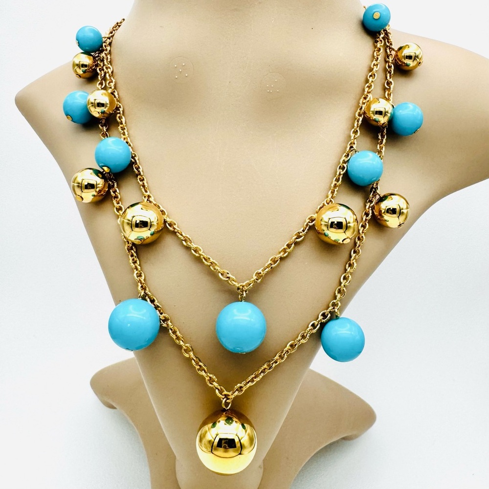 BRAND NEW VINTAGE Kenneth Jay Lane Gold Turquoise Orb Necklace Spheres Chic LUXE